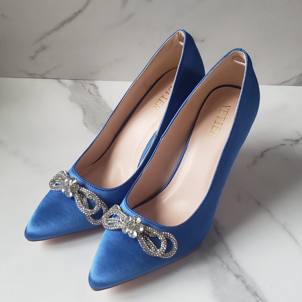 New YETIER Blue Stiletto High Heel Pumps Rhinestone Bow Pointed Toe Shoes